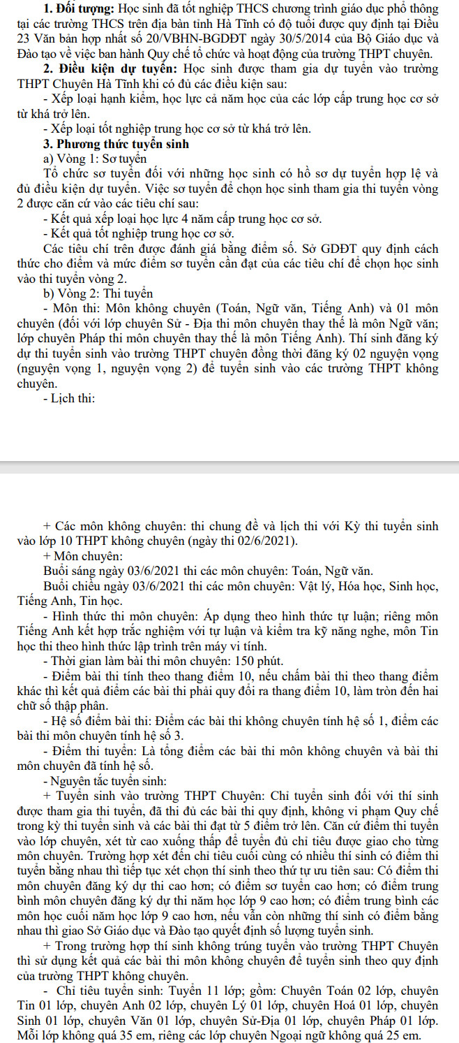 Phuong an tuyen sinh vao lop 10 Ha Tinh nam 2021