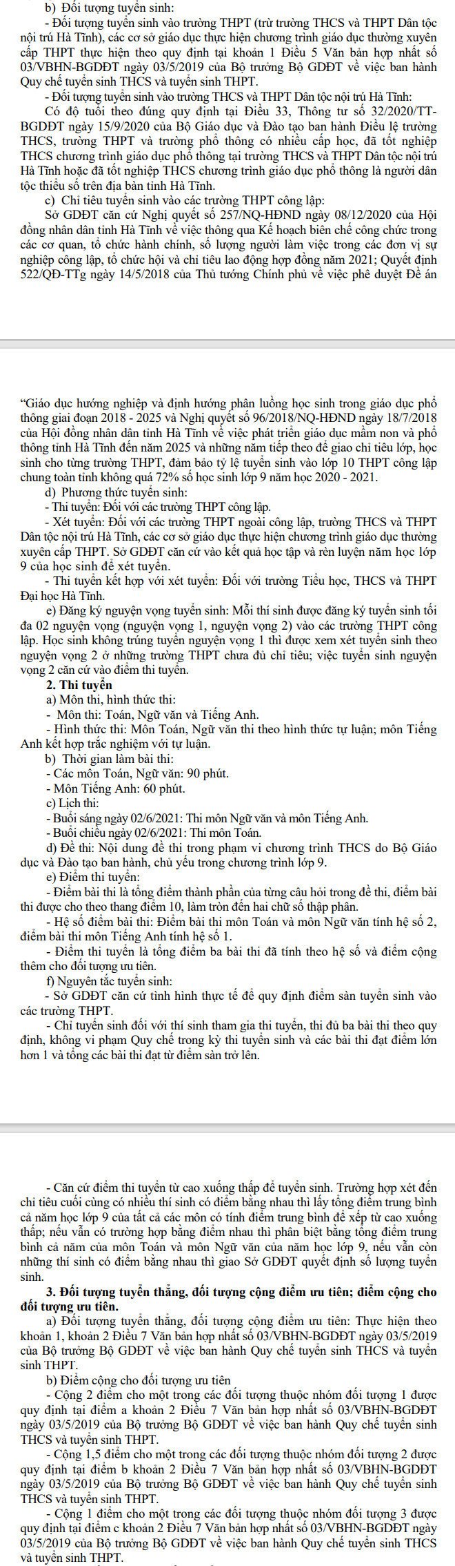 Phuong an tuyen sinh vao lop 10 Ha Tinh nam 2021