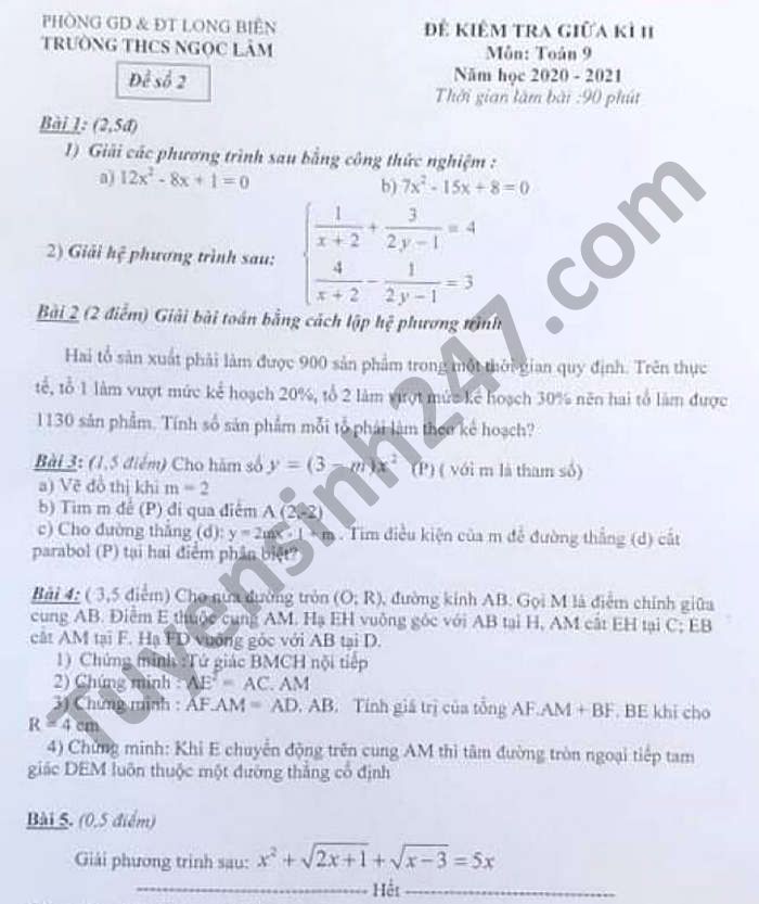 De thi giua ki 2 THCS Ngoc Lam mon Toan lop 9 nam 2021