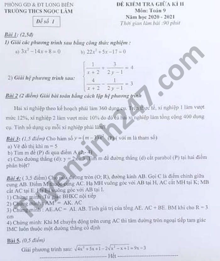 De thi giua ki 2 THCS Ngoc Lam mon Toan lop 9 nam 2021