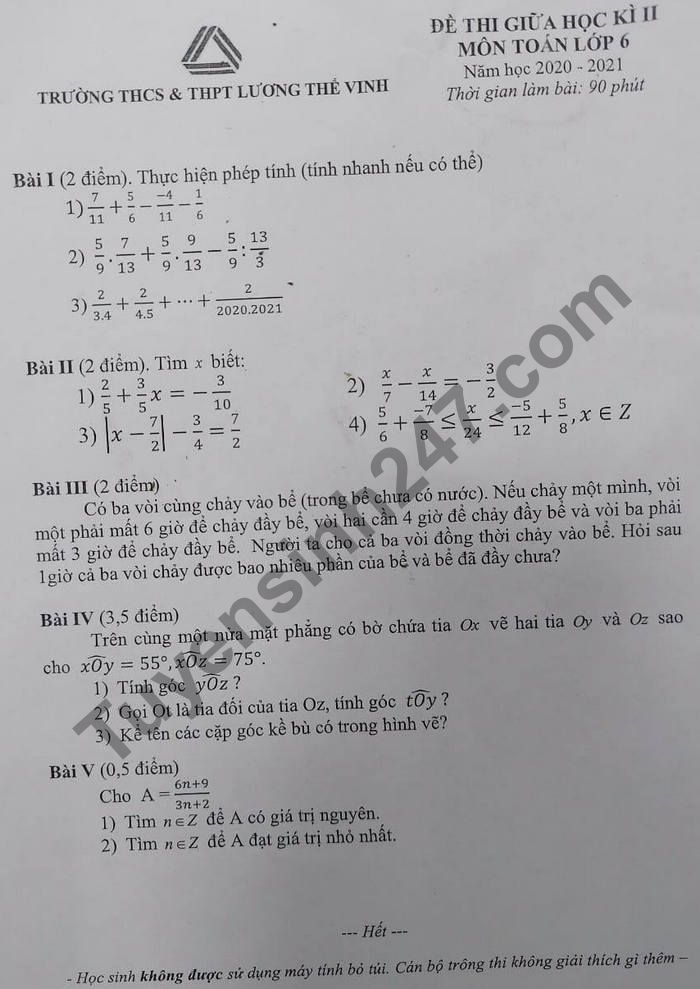 De thi giua ki 2 mon Toan lop 6 THCS&THPT Luong The Vinh 2021