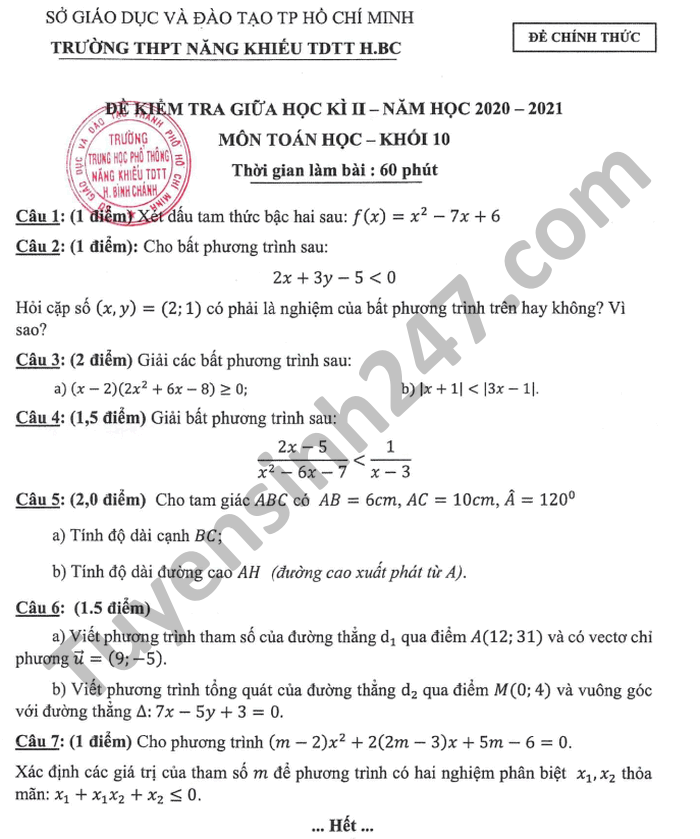 De thi giua ki 2 THPT Nang Khieu TDTT Binh Chanh Toan lop 10 2021
