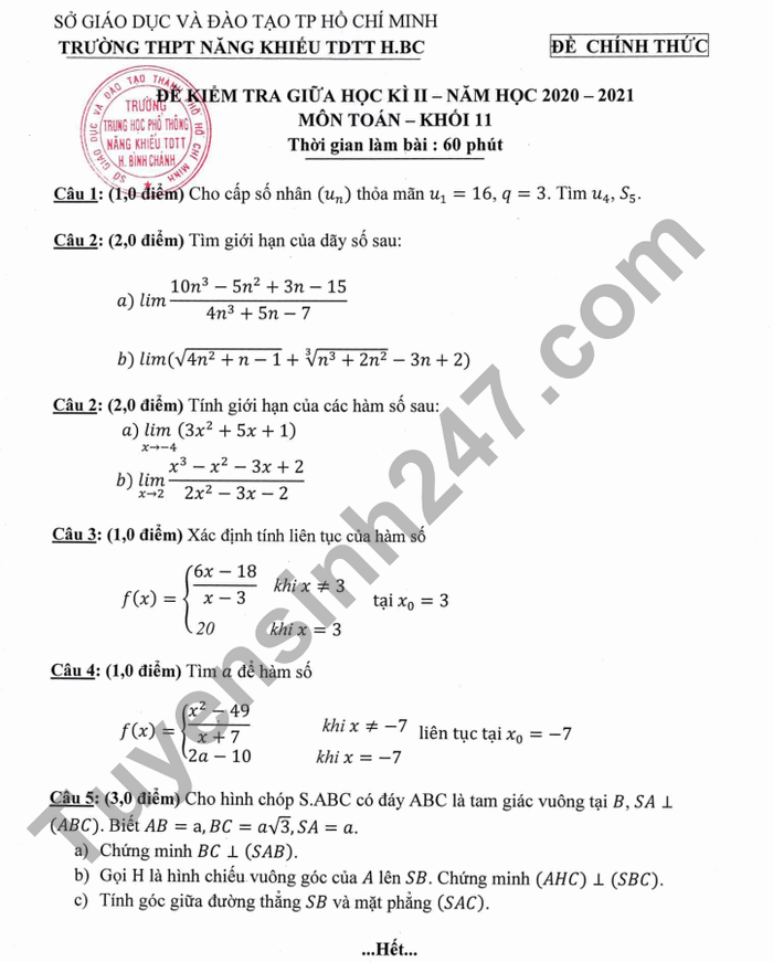 De thi giua hoc ki 2 Toan lop 11 THPT Nang Khieu TDTT Binh Chanh 2021
