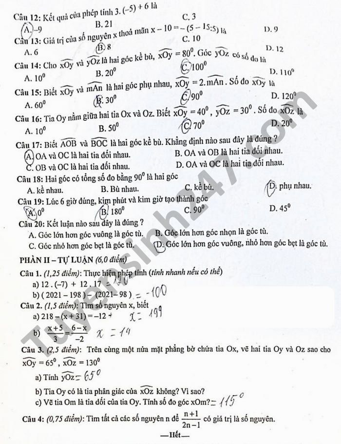 De thi giua hoc ki 2 Toan lop 6 nam 2021 THCS Hoang Van Thu