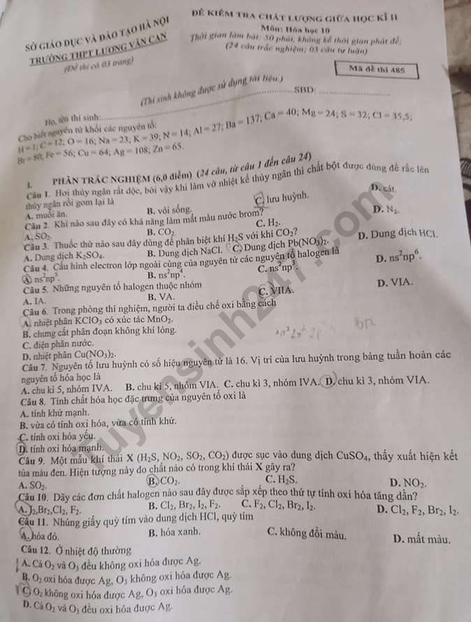 De thi giua ki 2 lop 10 mon Hoa 2021 - THPT Luong Van Can