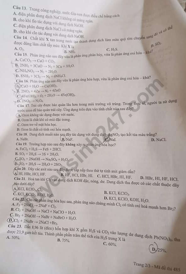 De thi giua ki 2 lop 10 mon Hoa 2021 - THPT Luong Van Can