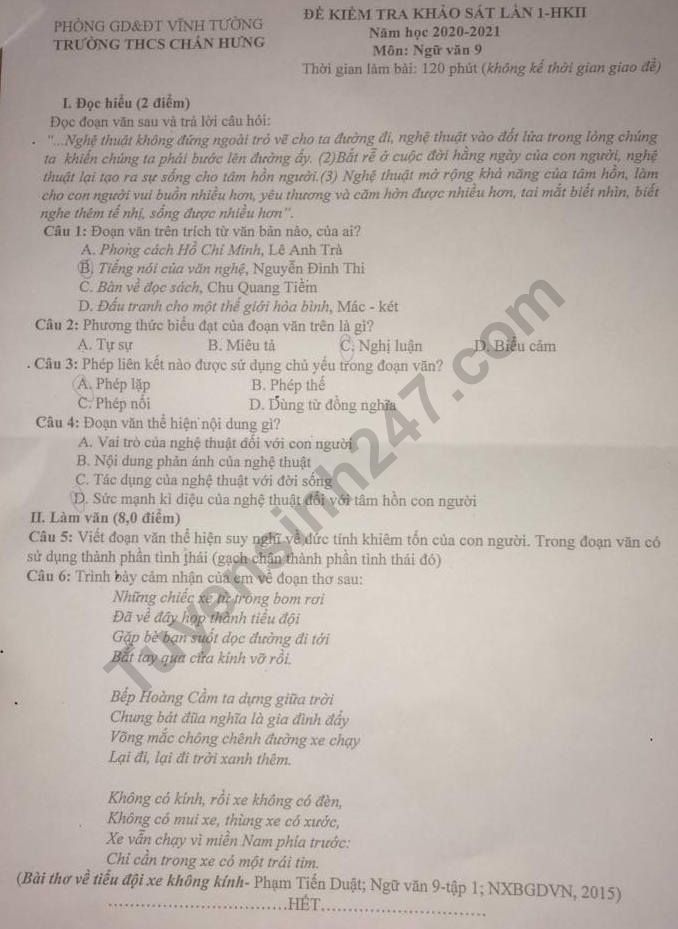 De thi giua ki 2 lop 9 mon Van - THCS Chan Hung 2021