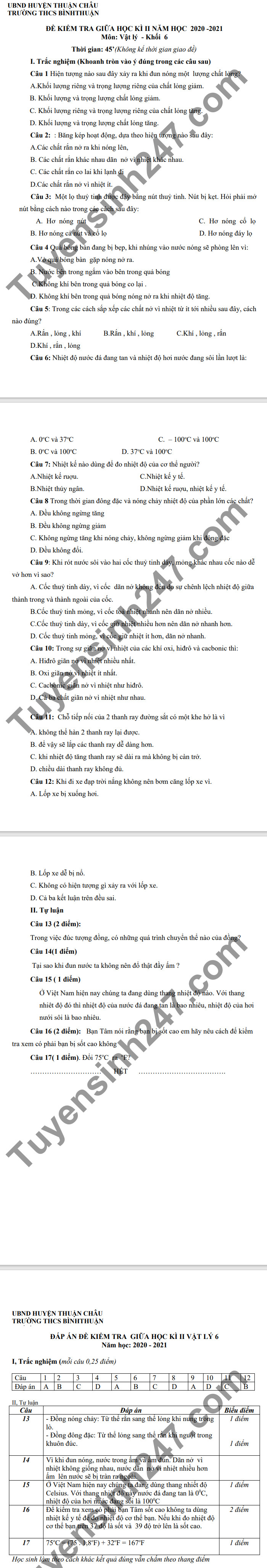 De thi giua ki 2 nam 2021 THCS Binh Thuan lop 6 mon Ly - Co dap an