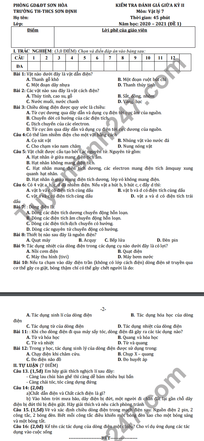 Dap an de thi giua ki 2 2021 mon Ly lop 7 TH-THCS Son Dinh