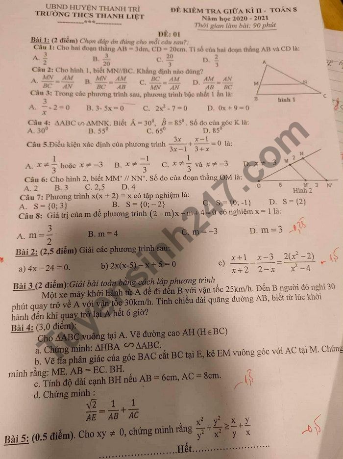 De thi giua ki 2 nam 2021 lop 8 mon Toan - THCS Thanh Liet