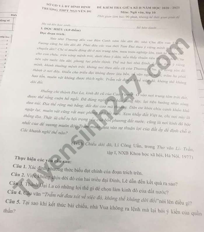 De kiem tra giua ki 2 mon Van lop 10 THPT Nguyen Du nam 2021
