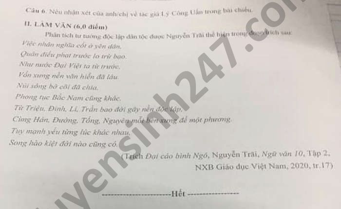 De kiem tra giua ki 2 mon Van lop 10 THPT Nguyen Du nam 2021