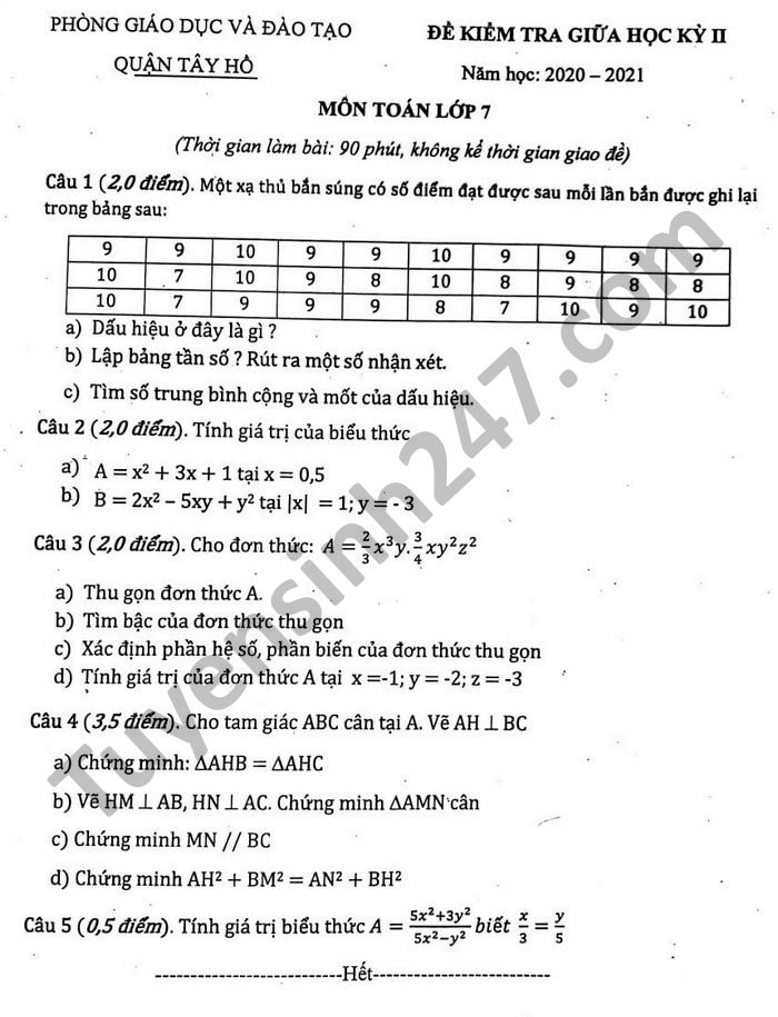 De thi giua hoc ki 2 nam 2021 mon Toan lop 7 Quan Tay Ho