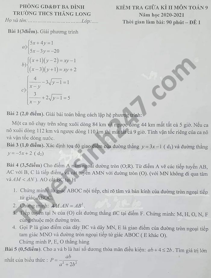 De thi giua hoc ki 2 nam 2021 mon Toan lop 9 THCS Thang Long