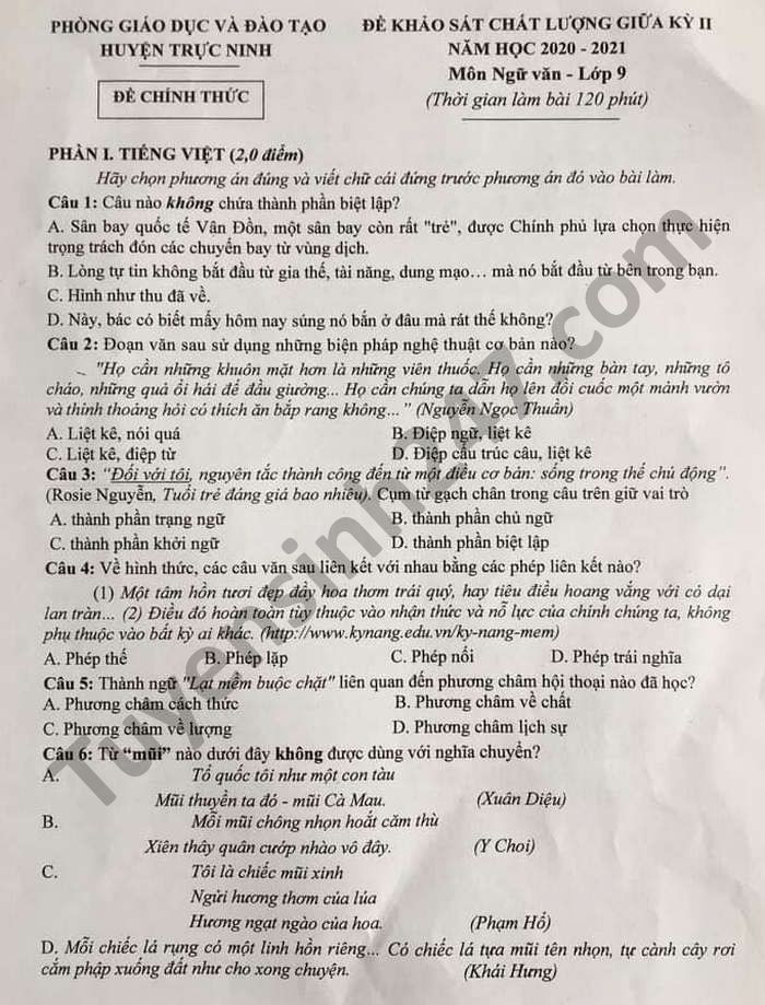 De thi giua hoc ki 2 lop 9 huyen Truc Ninh nam 2021 mon Van