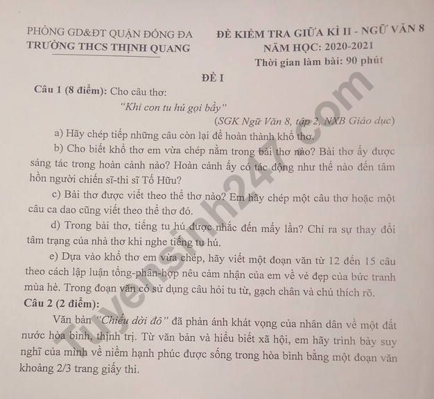 De thi giua ki 2 mon Van lop 8 - THCS Thinh Quang 2021