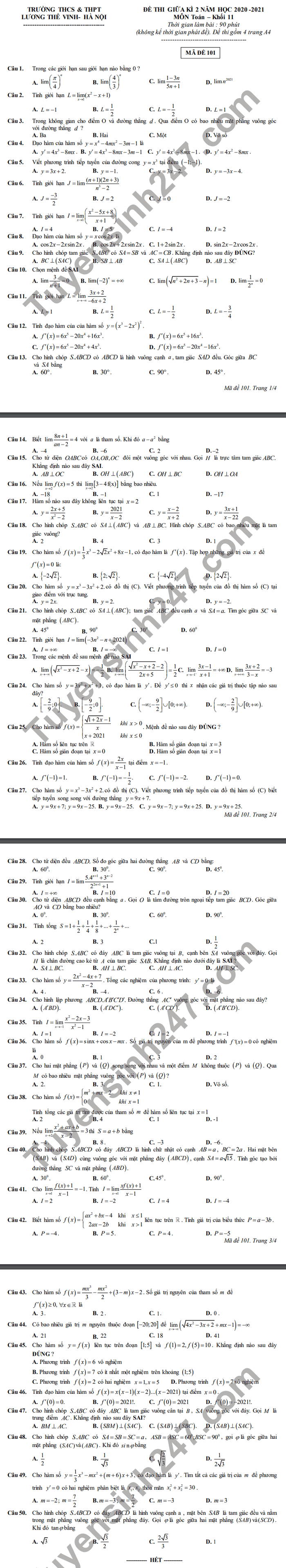 De thi giua hoc ki 2 THCS-THPT Luong The Vinh 2021 Toan lop 11