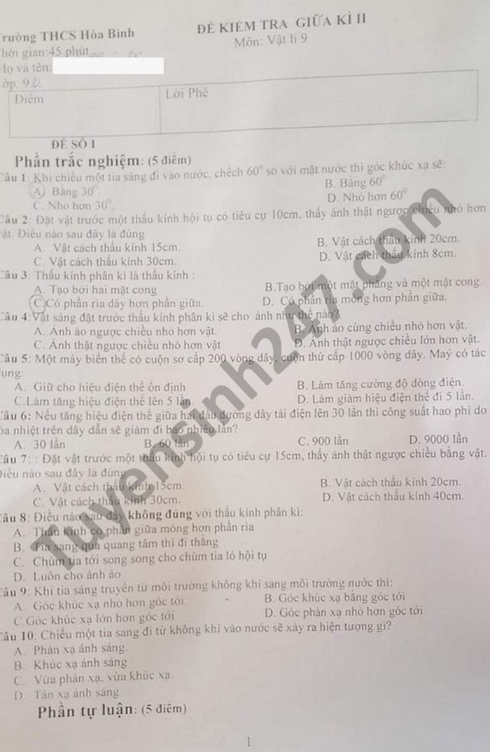 De kiem tra giua ki 2 mon Ly lop 9 THCS Hoa Binh nam 2021