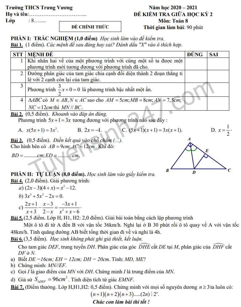 De thi giua ki 2 mon Toan lop 8 - THCS Trung Vuong 2021