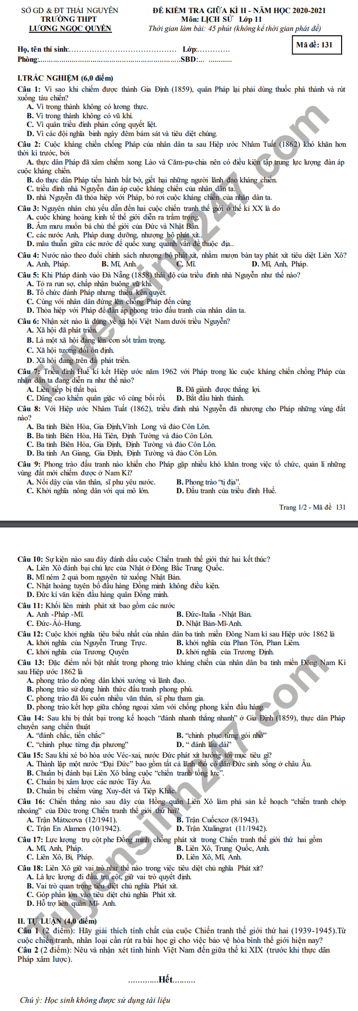 De thi giua ki 2 2021 mon Su lop 11 THPT Luong Ngoc Quyen