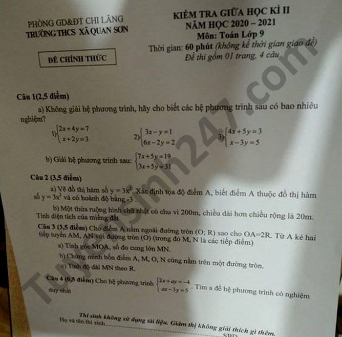 De kiem tra giua ki 2 Toan lop 9 THCS Thi xa Quan Son 2021