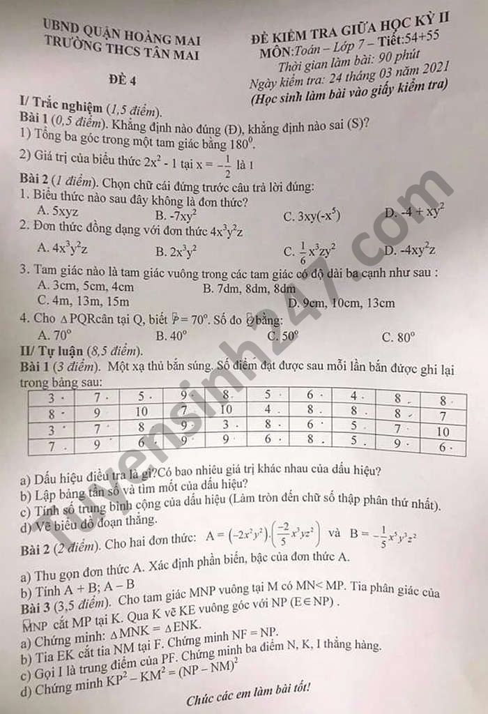 De kiem tra giua hoc ki 2 THCS Tan Mai mon Toan lop 7 nam 2021