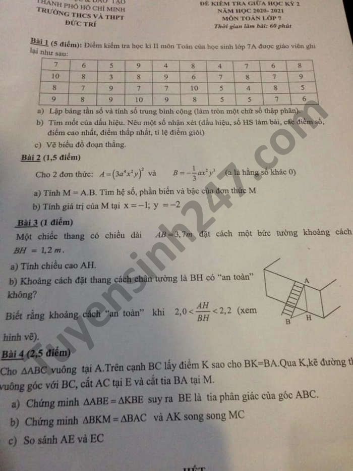 De thi giua ki 2 nam 2021 THCS-THPT Duc Tri mon Toan lop 7
