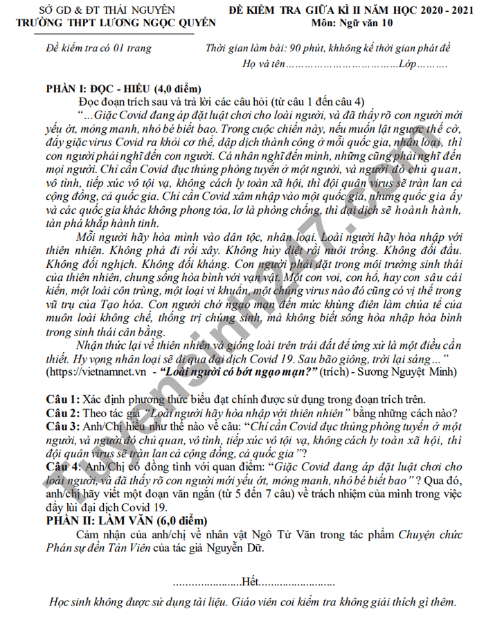 De thi giua ki 2 THPT Luong Ngoc Quyen mon Van lop 10 2021