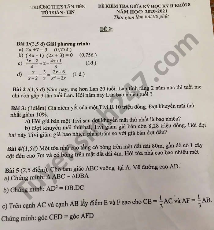 De thi giua ki 2 THCS Tan Tien mon Toan lop 8 nam 2021