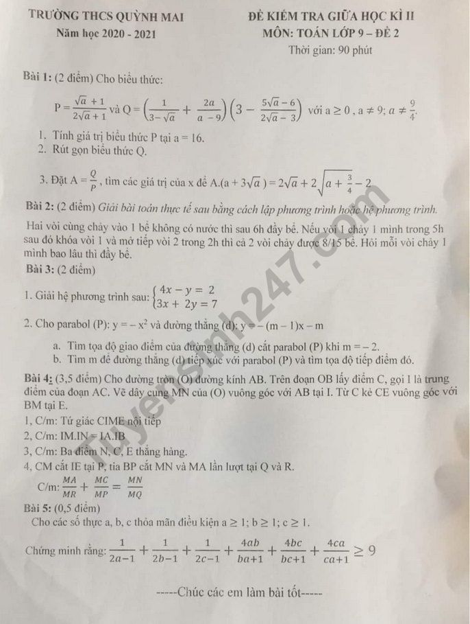 De thi giua ki 2 lop 9 mon Toan - THCS Quynh Mai 2021