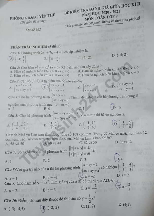 De thi giua ki 2 lop 9 mon Toan - Phong GD Yen The 2021