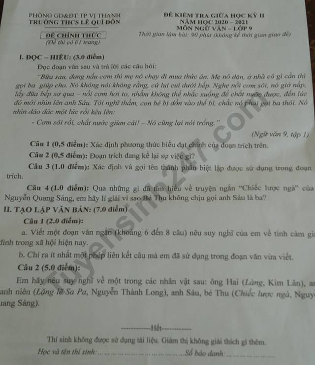 De thi giua ki 2 lop 9 mon Van 2021 - THCS Le Quy Don