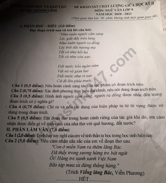 De thi giua ki 2 lop 9 mon Van 2021 - Phong GD Thanh Liem