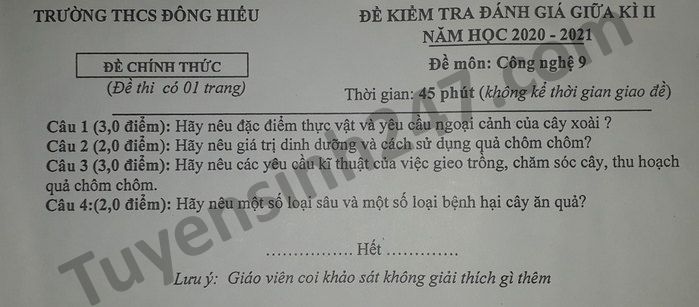 De thi giua ki 2 mon Cong Nghe lop 9 THCS Dong Hieu nam 2021