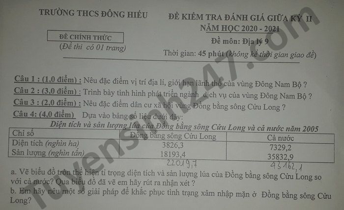 De thi giua ki 2 THCS Dong Hieu nam 2021 mon Dia lop 9