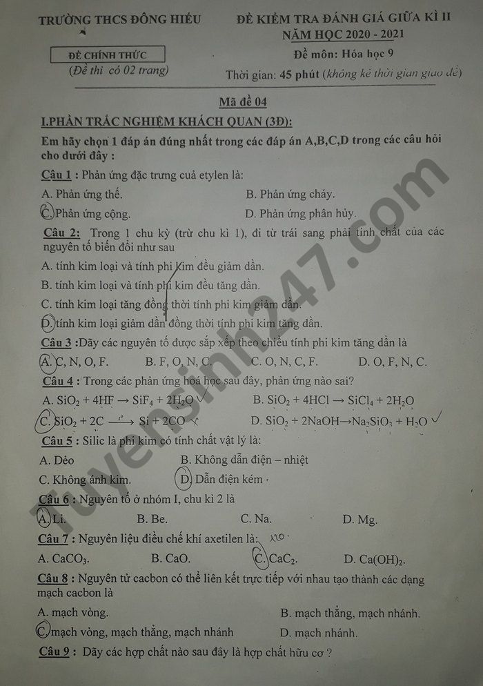 De thi giua ki 2 mon Hoa lop 9 THCS Dong Hieu nam 2021