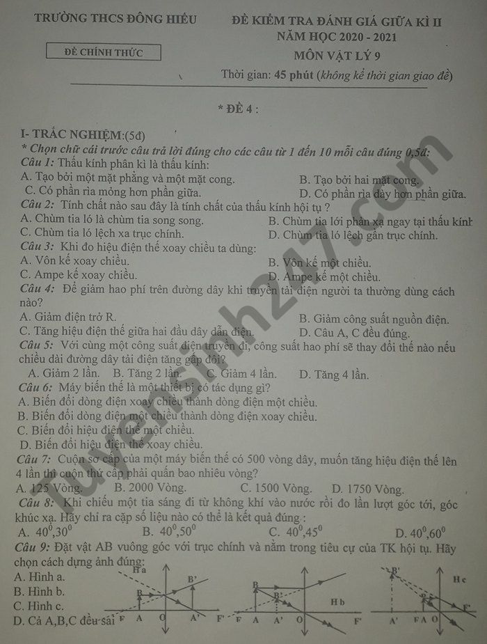 De thi giua ki 2 nam 2021 THCS Dong Hieu mon Ly lop 9