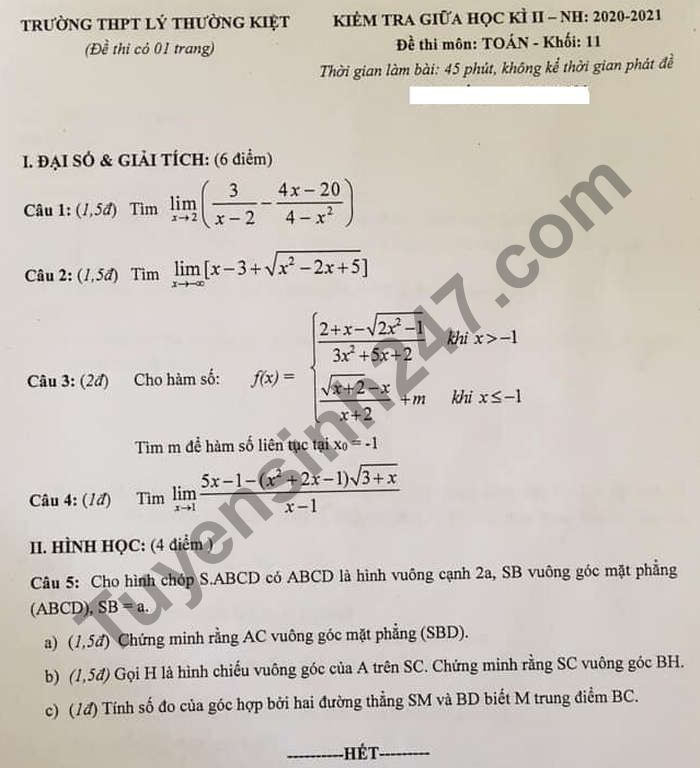 De thi giua ki 2 nam 2021 THPT Ly Thuong Kiet lop 11 mon Toan