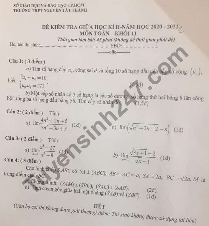 De thi giua ki 2 lop 11 mon Toan - THPT Nguyen Tat Thanh 2021