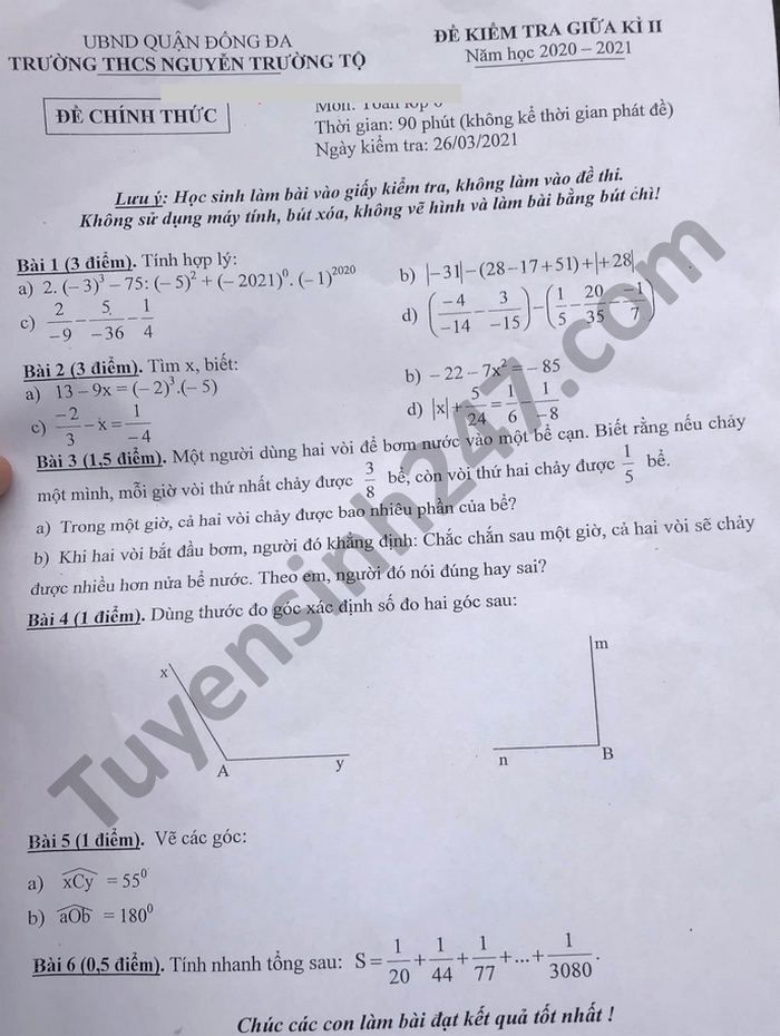 De thi giua ki 2 THCS Nguyen Truong To mon Toan lop 6 nam 2021