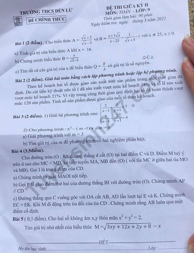 De thi giua ki 2 mon Toan lop 9 - THCS Den Lu 2021