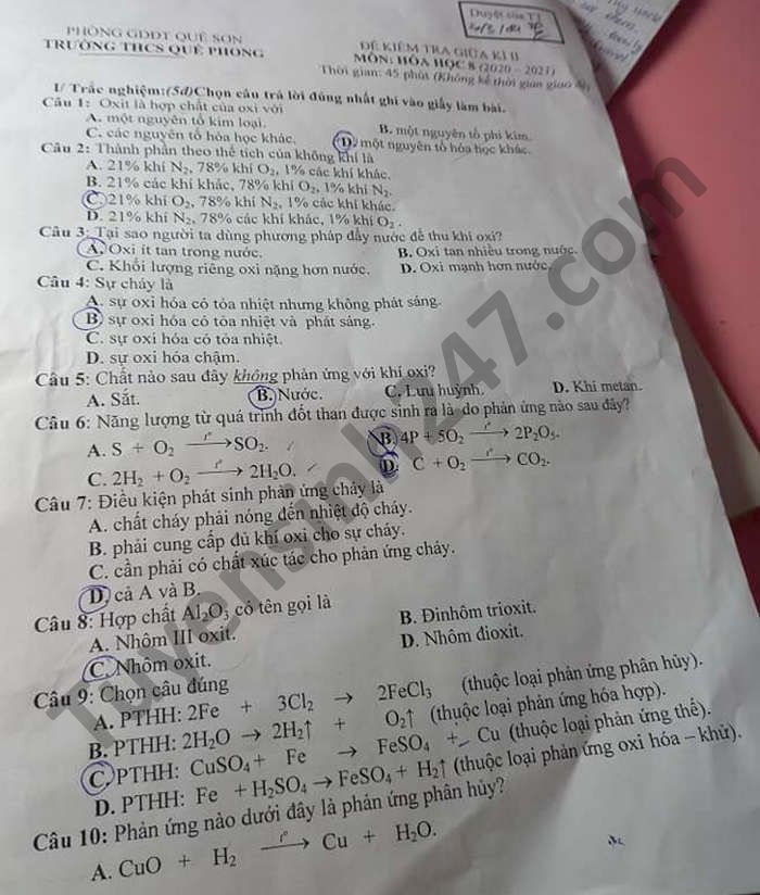 De thi giua ki 2 nam 2021 mon Hoa lop 8 THCS Que Phong