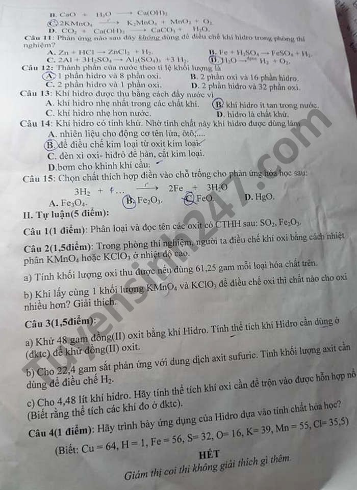 De thi giua ki 2 nam 2021 mon Hoa lop 8 THCS Que Phong