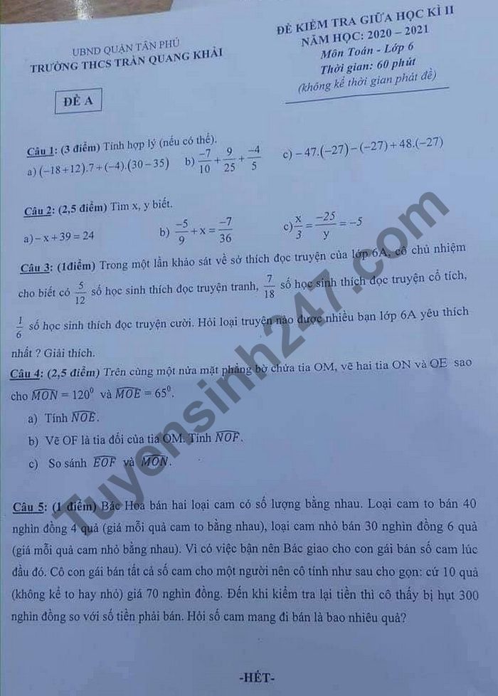 De thi giua ki 2 lop 6 nam 2021 THCS Tran Quang Khai mon Toan