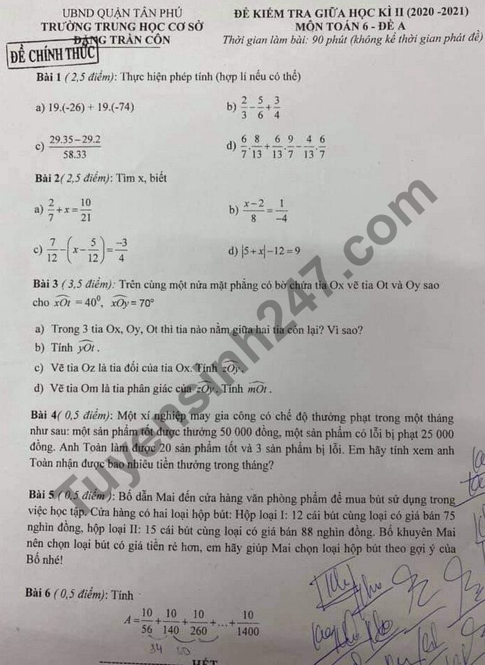 De thi giua ki 2 mon Toan nam 2021 THCS Dang Tran Con lop 6