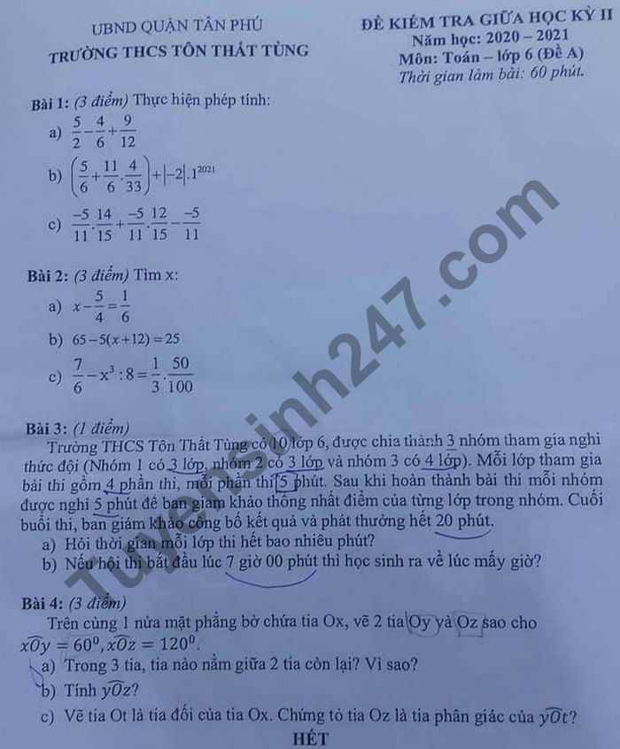 De thi giua hoc ki 2 lop 6 mon Toan - THCS Ton That Tung 2021