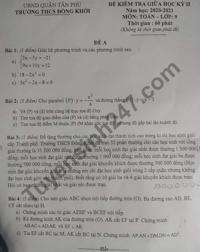De thi giua ki 2 mon Toan 9 THCS Dong Khoi 2021
