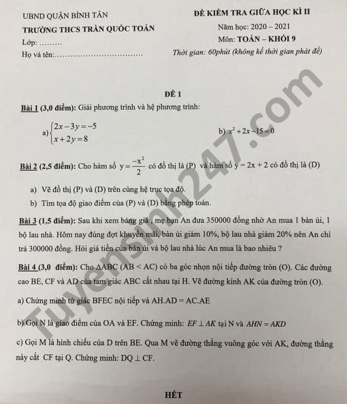 De kiem tra giua ki 2 THCS Tran Quoc Toan nam 2021 Toan lop 9
