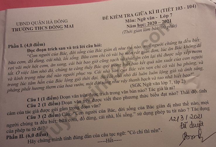 De thi giua ki 2 mon Van lop 7 - THCS Dong Mai 2021