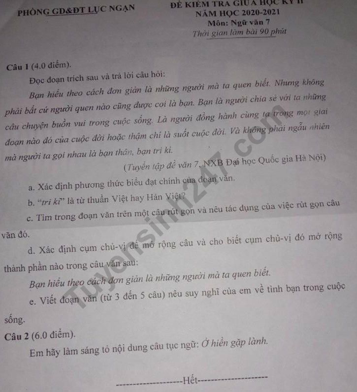 De thi giua ki 2 lop 7 mon Van 2021 Phong GD Luc Ngan